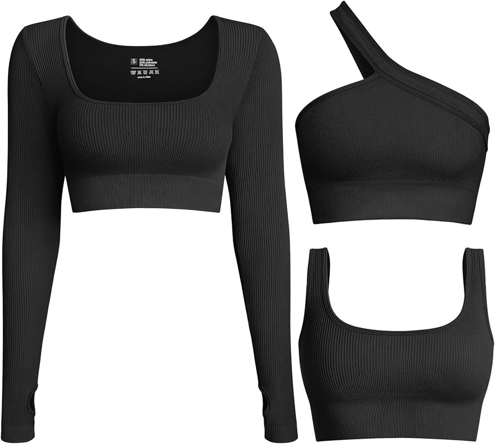 OQQ Women's 3 Piece Crop Tops Ribbed Long Sleeve Workout Tops One Shoulder Yoga Crop Top Exercise... | Amazon (US)
