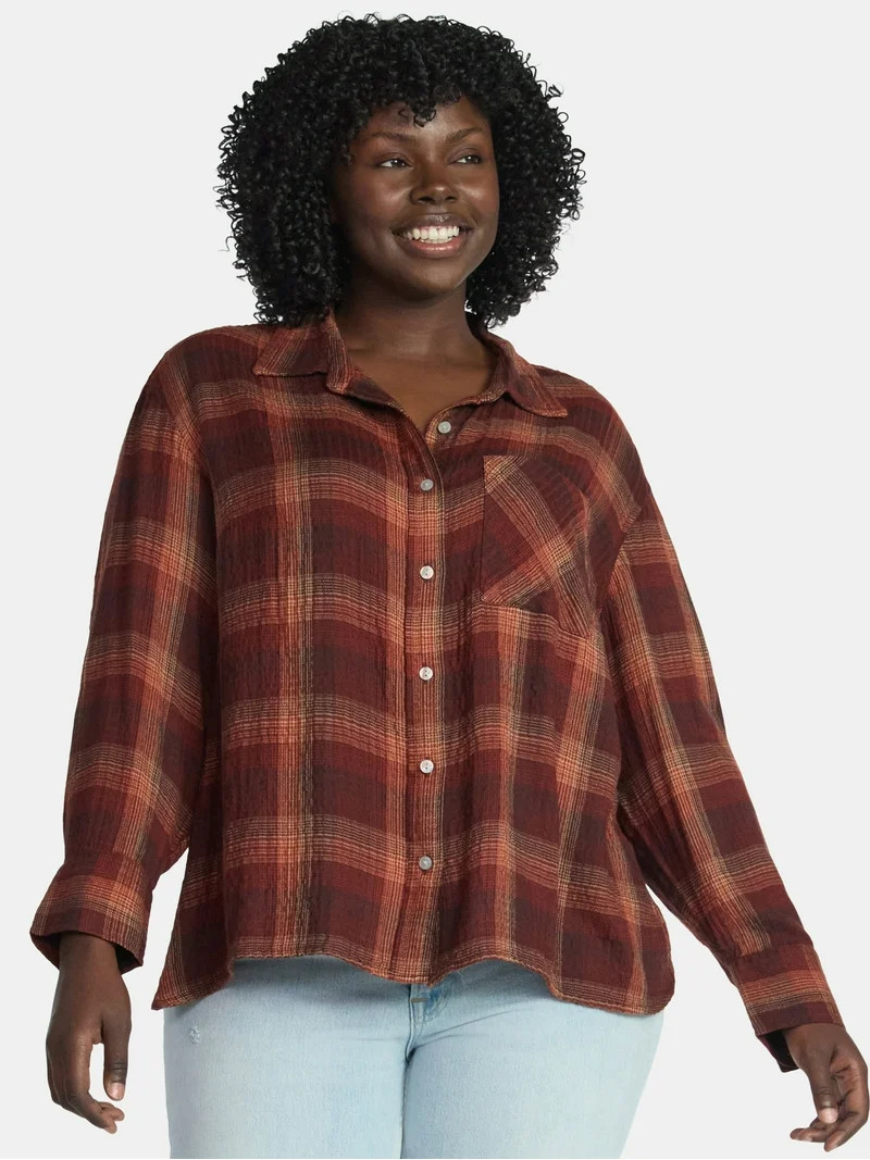 Terra & Sky Women's Plus Plaid Button Front Shirt, Sizes 0X-5X - Walmart.com | Walmart (US)