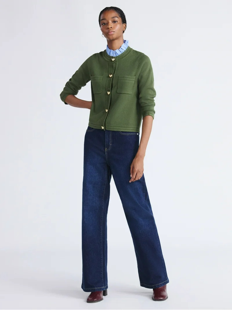 Free Assembly Women's and Women's Plus Ruffle Neck Chest Pocket Cardigan, Sizes XS-4X | Walmart (US)