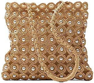 Hand-woven Hollow Out Soft Straw Shoulder Bag with Pearl Flower, Boho Straw Handle Tote Summer Be... | Amazon (US)