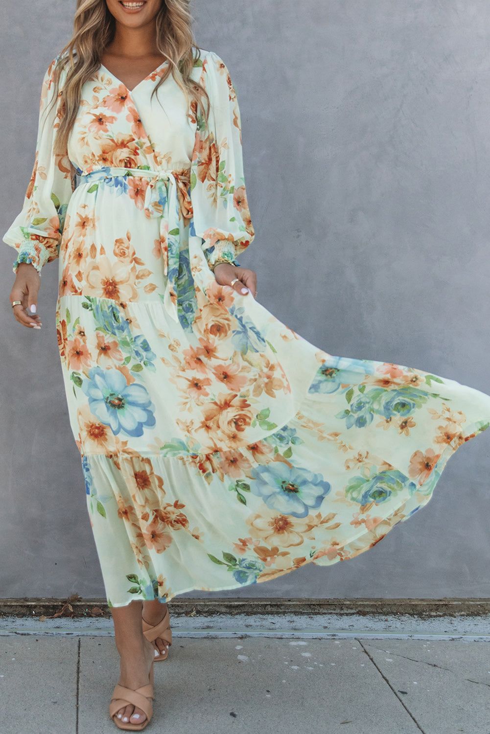 Puff Sleeves Empire Waist Floral Print Maxi Dress | Evaless