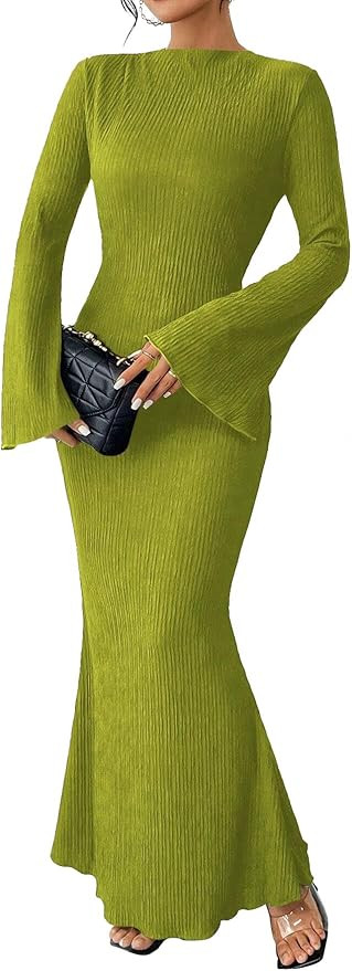 Narecte Fall Dresses for Women 2025 Maxi Dresses Solid Color Boho Dress Flare Sleeve Bodycon Dres... | Amazon (US)