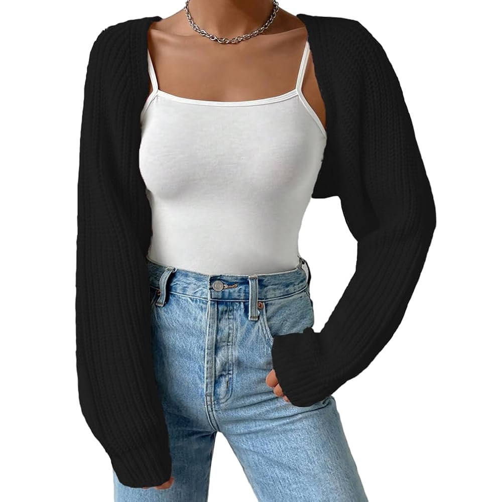 Women Open Front Ribbed Knit Crop Bolero Drop Shoulder Long Sleeve Solid Loose Fit Knitted Crop C... | Amazon (US)