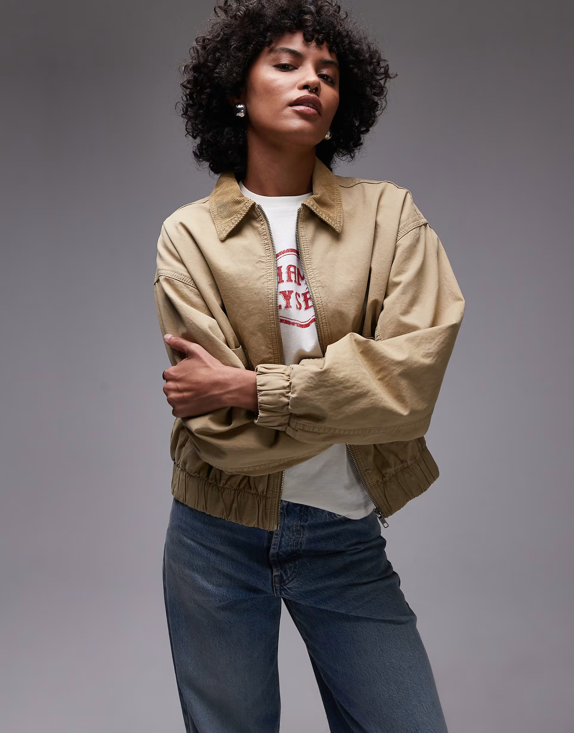 Topshop cotton bomber jacket with cord collar in tan | ASOS (Global)