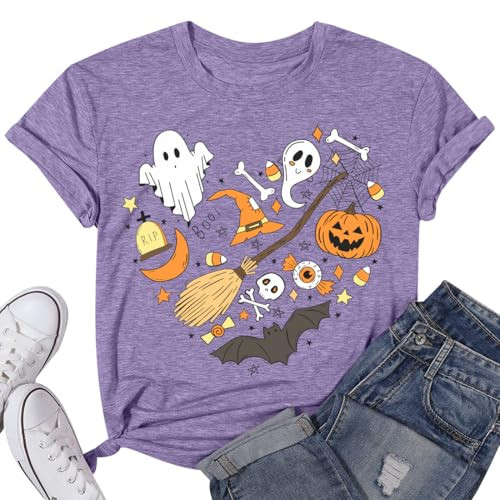 Halloween Shirts for Women Cute Ghost Graphic Shirt Halloween Party Tshirt Loose Casual Short Sleeve Purple | Amazon (US)
