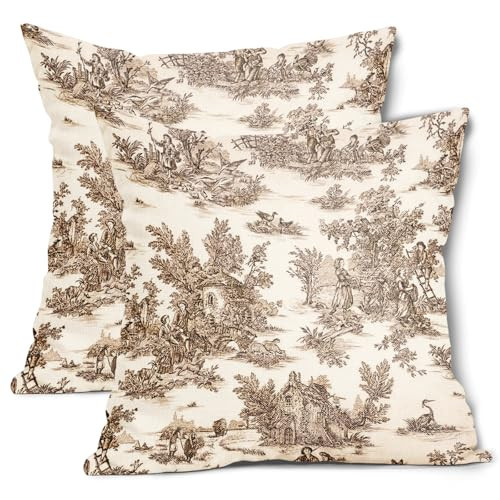 Brown Toile Pillow Covers 20x20 Inch Set of 2 Tan and Beige French Country Cotton Linen Decorative Throw Pillow Case English Cottage Vintage Cushion Cover for Bedroom Sofa Living Room Chair Home Decor | Amazon (US)