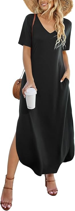 Women's Casual Loose Sundress Short Sleeve V Neck Long Dress Split Maxi Summer Beach Dress with P... | Amazon (US)