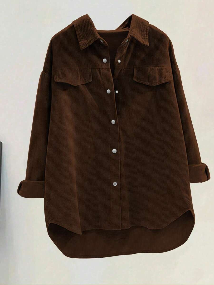 SHEIN LUNE Plus Size Corduroy Long Sleeve Loose Fit Shirt Fall Cloth For Women | SHEIN