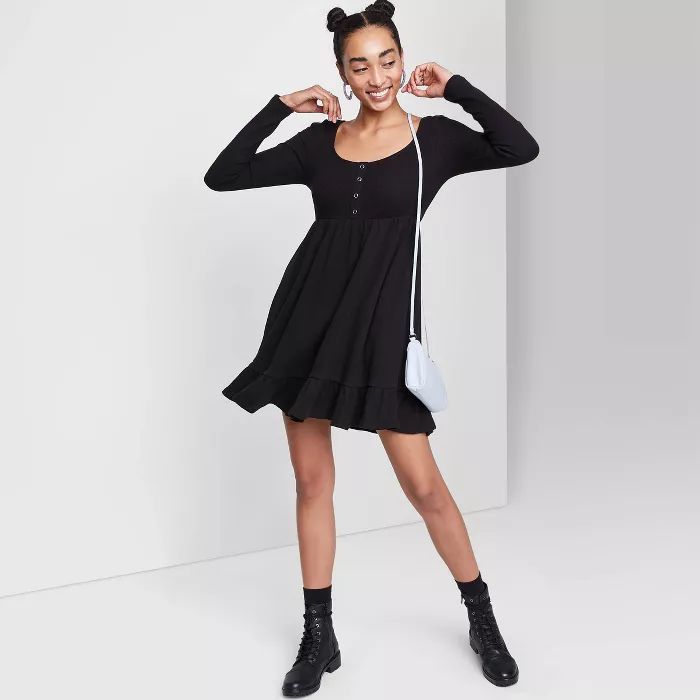 Women's Long Sleeve Waffle Knit Babydoll Dress - Wild Fable™ | Target