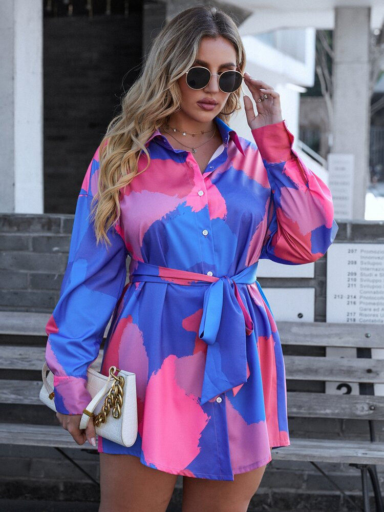 Plus Colorblock Button Front Belted Shirt Dress | SHEIN