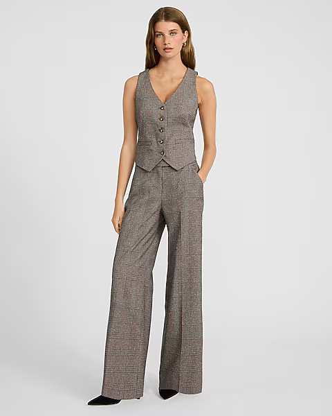 Editor Plaid Mid Rise Wide Leg Pant | Express