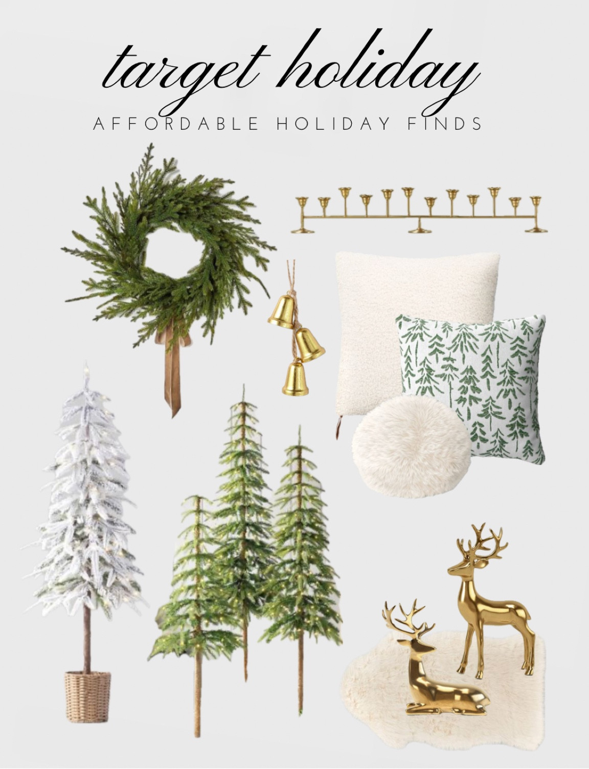 Target holiday 2023 | affordable Christmas decor | alpine Christmas trees with warm white dew drop lights, flocked alpine Christmas trees, gold reindeer figurines, studio mcgee artificial wreath, studio McGee x threshold Christmas decor, faux fur pelt, hearth and hand by magnolia brass candelabra taper holder, faux fur pillow, boucle teddy pillow, Christmas tree pillow, gold bell ornaments

#LTKHolidaySale #LTKSeasonal #LTKHoliday