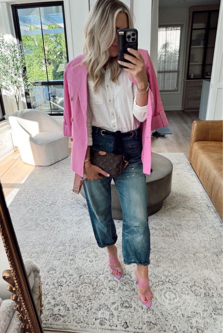Summer outfit! Such a good blazer and under $40! 
Linen top from Target! Wearing smalls.

Summer outfit. Affordable fashion. Pink. Summer style. Baggy jeans. 

#LTKStyleTip #LTKFindsUnder50