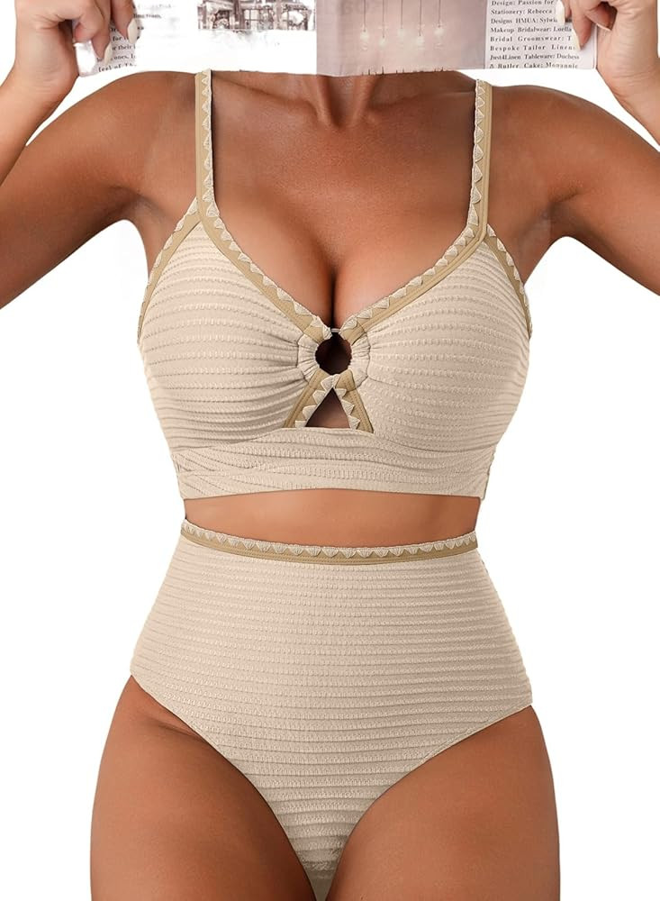 Herseas Women's Textured Bikini Sets O Ring Swimsuits Whip Stitch High Waisted Bathing Suits 2026... | Amazon (US)