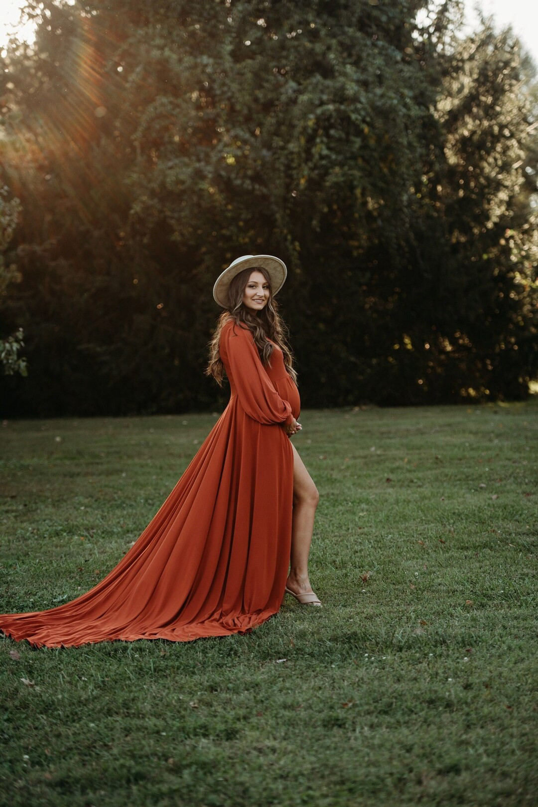 Rust maternity dress, leg slit maternity dress, fall maternity gown for photo sessions, baby show... | Etsy (US)