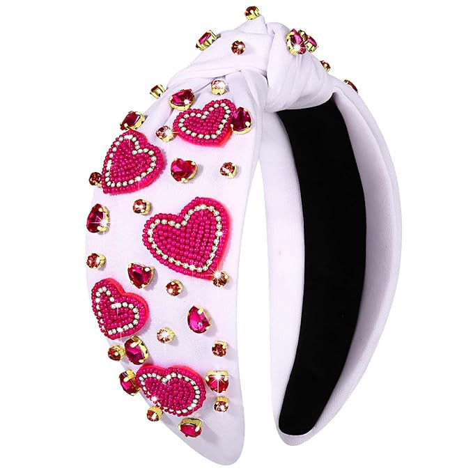 CEALXHENY Valentine’s Day Headbands Accessories for Women Hot Pink Beaded Heart Headband Heart ... | Amazon (US)
