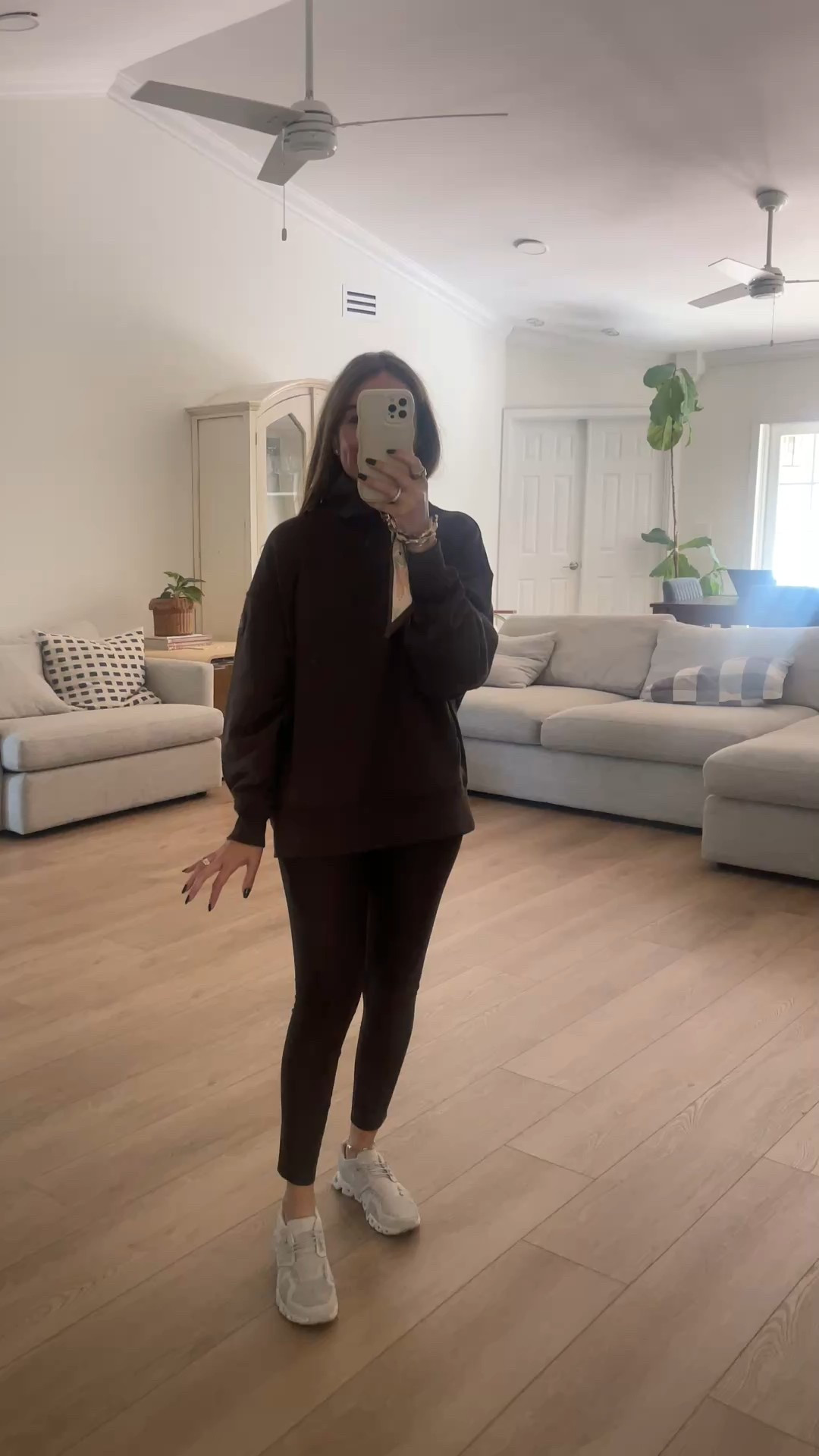 Chocolate brown oversized sweater, so comfy , Alo leggings, go up a size  

#LTKTravel #LTKActive #LTKfitnessgoals