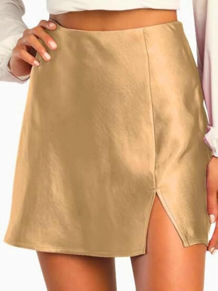 Women's Mini Skirt Satin High Waisted Sexy Slit Front Silk Casual A-Line Elastic Waistband Short ... | Amazon (US)