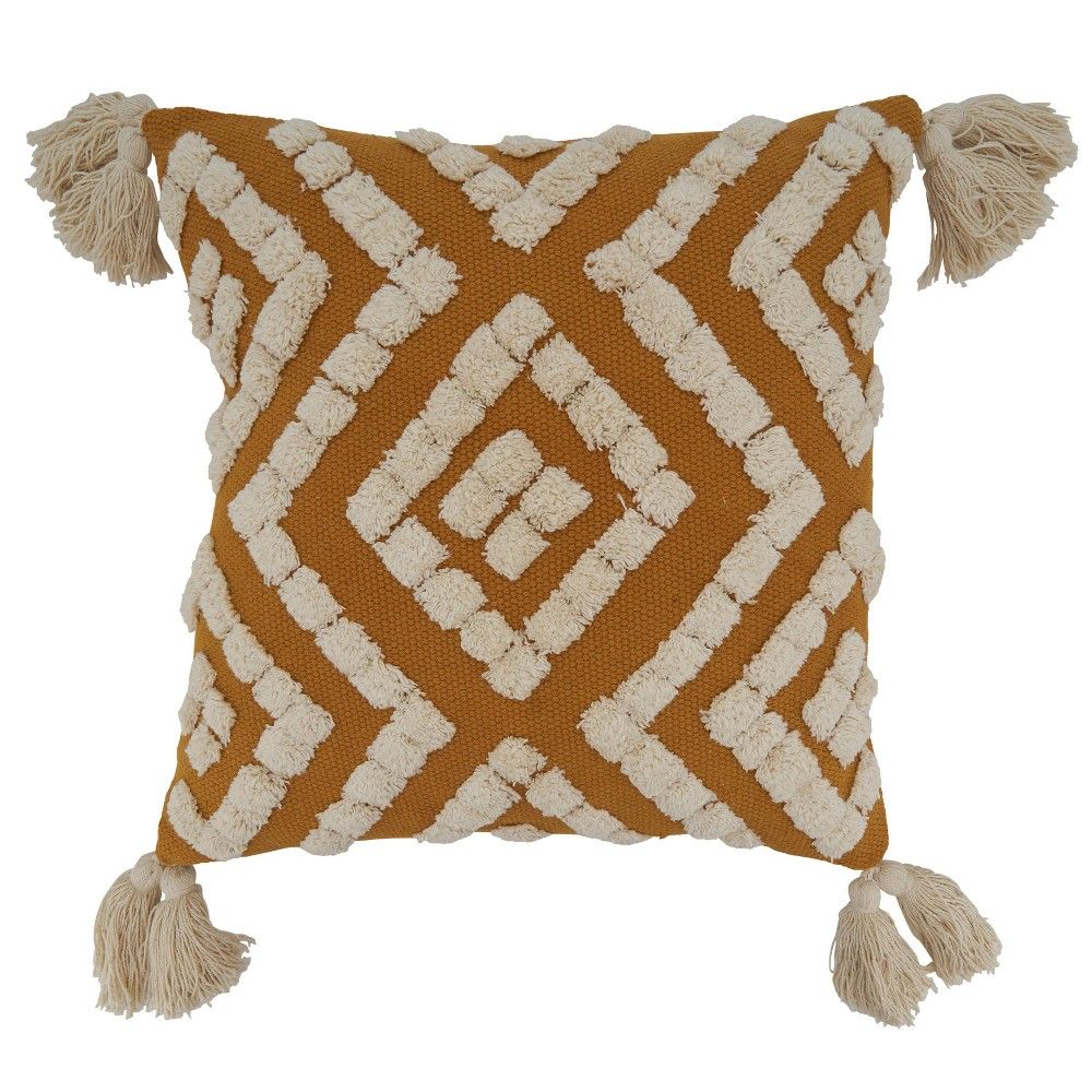 18""x18"" Poly-Filled with Tufted Tassel Design Square Throw Pillow Mustard - Saro Lifestyle | Target