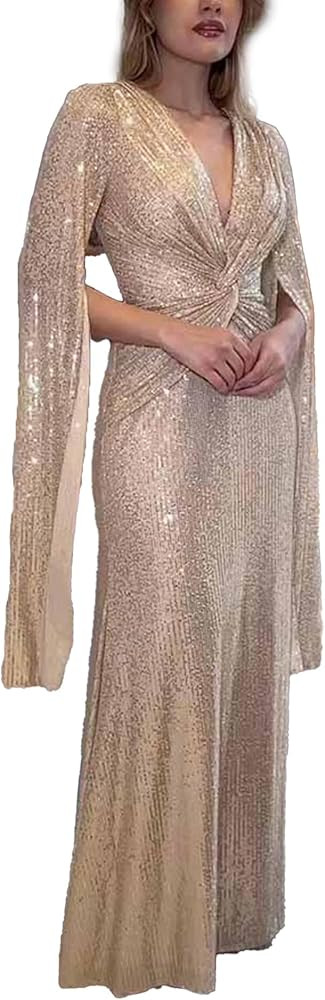 xxxiticat Women's Sequin Prom Dress Long Cape Sleeve V Neck Front Twist Knot Evening Party Weddin... | Amazon (US)