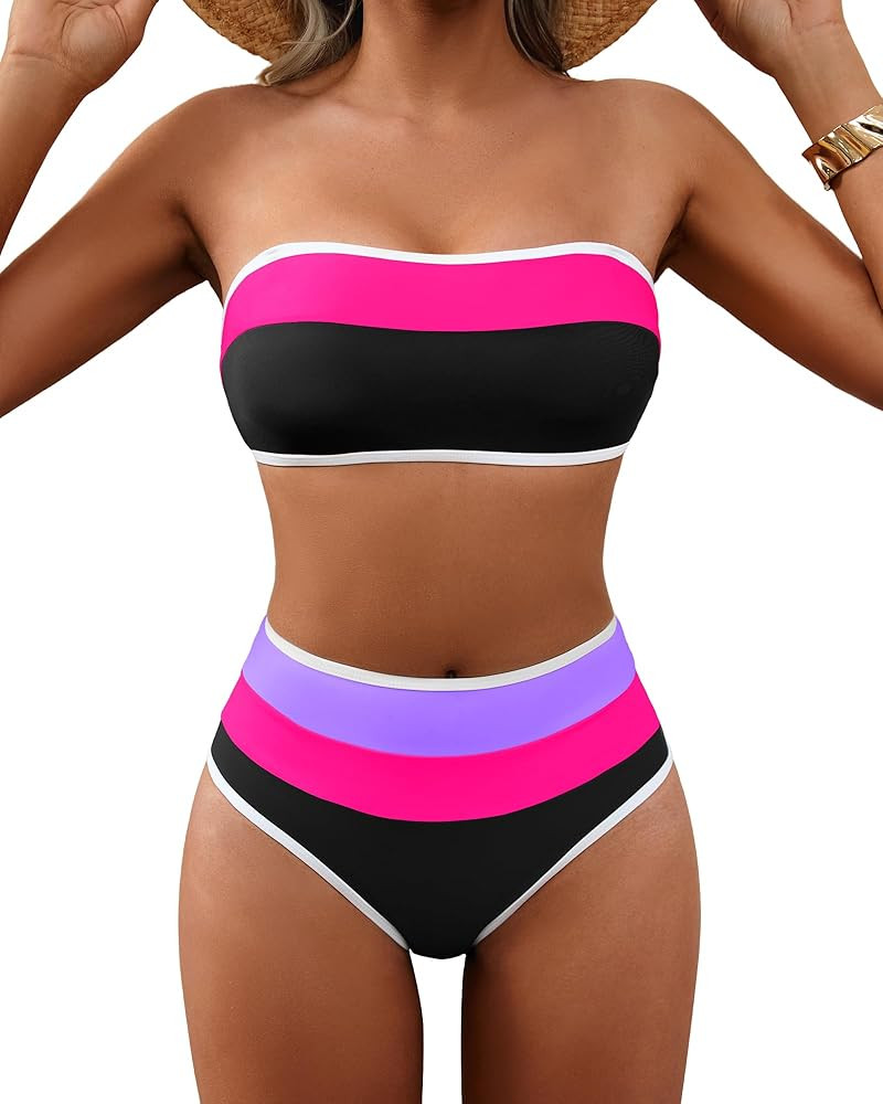 DaiLiWei High Waisted Bikini Sets for Women Strapless Swimsuits Tummy Control 2 Piece Bathing Sui... | Amazon (US)