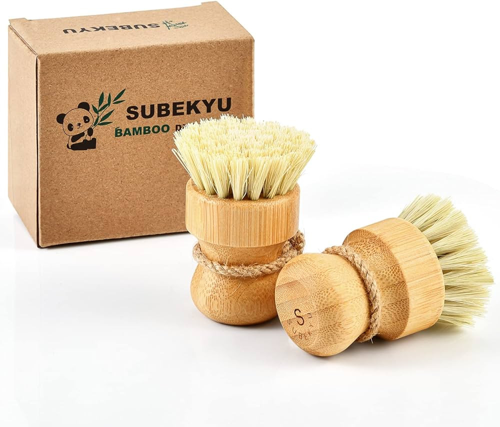 SUBEKYU Bamboo Dish Scrub Brushes for Kitchen, Wooden Cleaning Scrubbers Set for Washing Cast Iro... | Amazon (US)