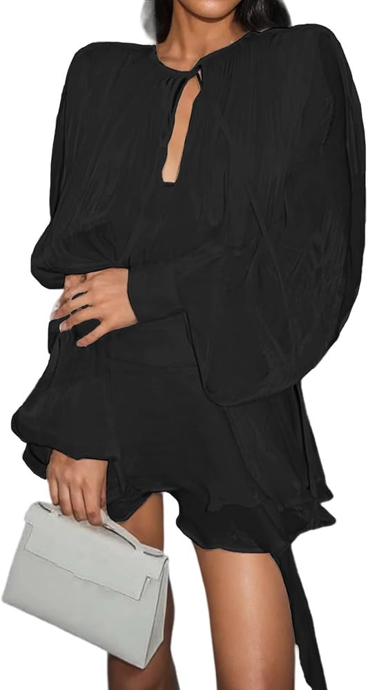 LAJIOJIO Women's Mini Dresses Casual Ruffle,V Neck Puff Long Sleeve Elegant Flowy Short Dress wit... | Amazon (US)