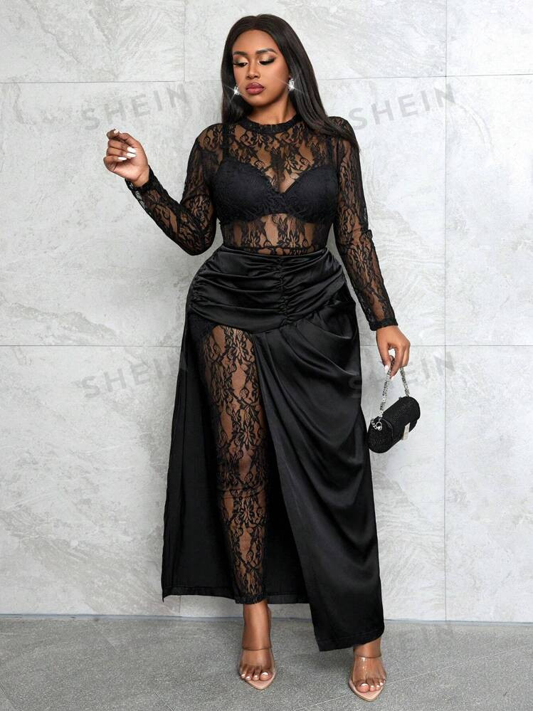 SHEIN Slayr 2pcs/Set Plus Sexy Party Slim Fit Long Sleeve Lace Jumpsuit + Satin Split Hem Skirt, ... | SHEIN