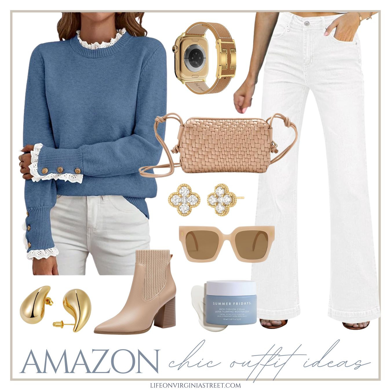 Chic Amazon outfit idea for late winter that transitions well into spring! Cute sweater with lace collar and sleeves, white flare jeans, sock booties, Apple watch band, clover earrings, woven crossbody purse and more! #ltkover40 #ltksalealert #ltkworkwear #ltkmidsize #ltktall #ltkseasonal 

 

#LTKSeasonal #LTKOver40 #LTKSaleAlert