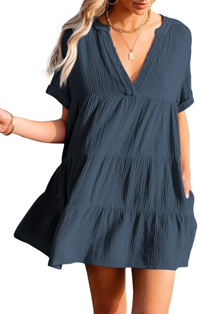 Albe Rita Women's Short Sleeve V Neck Summer Casual Loose Mini Swing Dress with Pockets Babydoll Dre | Amazon (US)