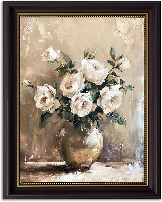 Black Gold Framed Vintage Still Life Floral Wall art White Rose Wall Decor Country White Flower P... | Amazon (US)