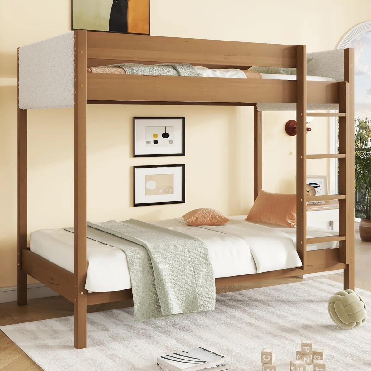 Keeson Twin Over Twin Solid Wood Standard Bunk Bed with Teddy Fleece Fabric Headboard & Footboard | Wayfair North America