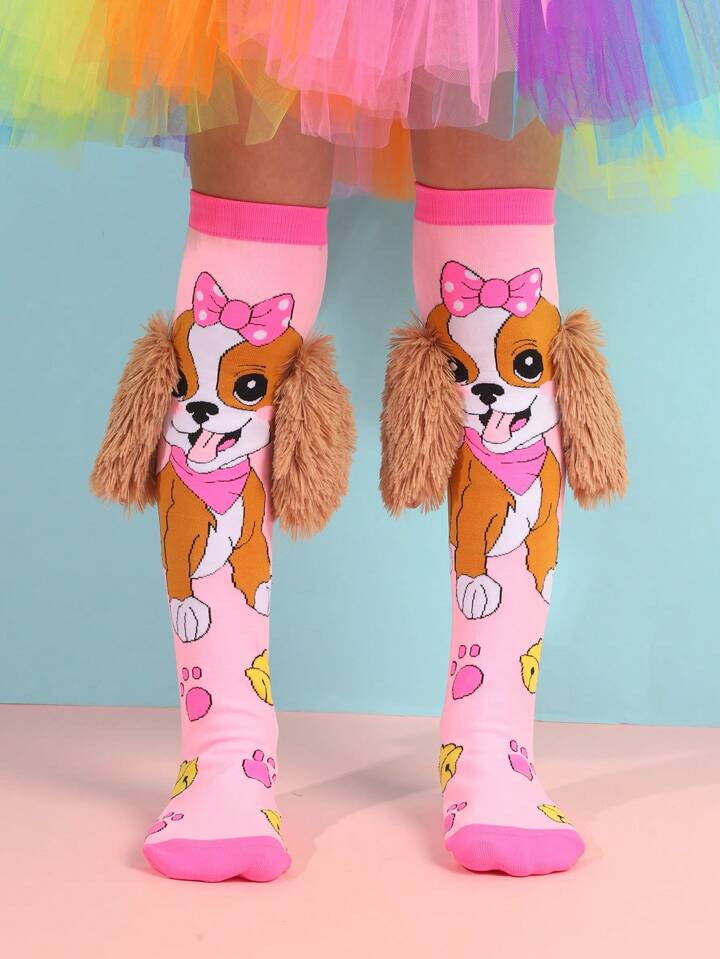 1 Pair Of Pink Cute Little Dog Knee High Socks Suitable For Girls' Daily Outfits And Gifts | SHEIN