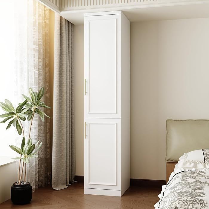 FUFU&GAGA Narrow Wardrobe Closet with 2 Doors, Modern White Bedroom Armoire with Gold Handles, Mo... | Amazon (US)