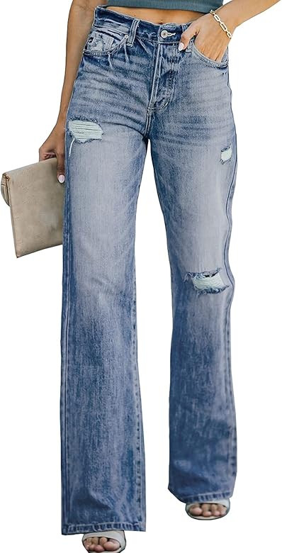 Sidefeel Women Mid Rise Distressed Flare Wide Leg Jeans Ripped Hole Denim Pants | Amazon (US)