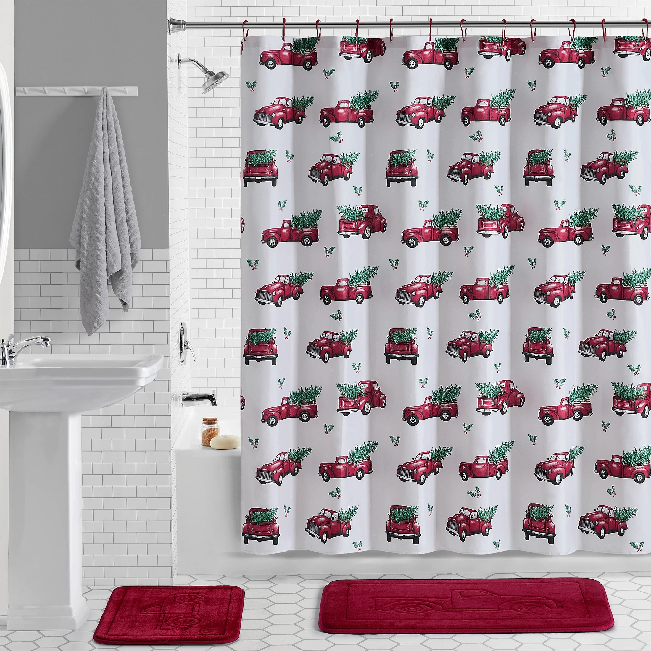 VCNY Home Holiday Truck 15-Piece Shower Curtain Bath Set, 70 x 72, Taupe/Red | Walmart (US)