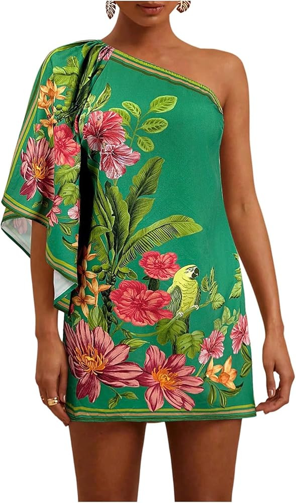 Floerns Women's Floral One Shoulder Mini Dress Dolman Sleeve Vacation Tunic Dresses | Amazon (US)