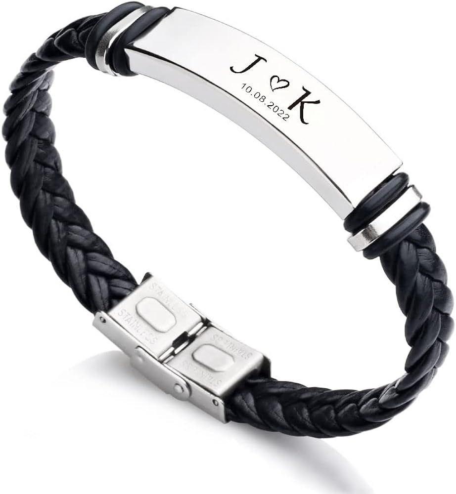 EDSG Personalized Mens Bracelet Leather Bracelets Gifts for Men Him Boyfriend Husband Dad Custom ... | Amazon (US)