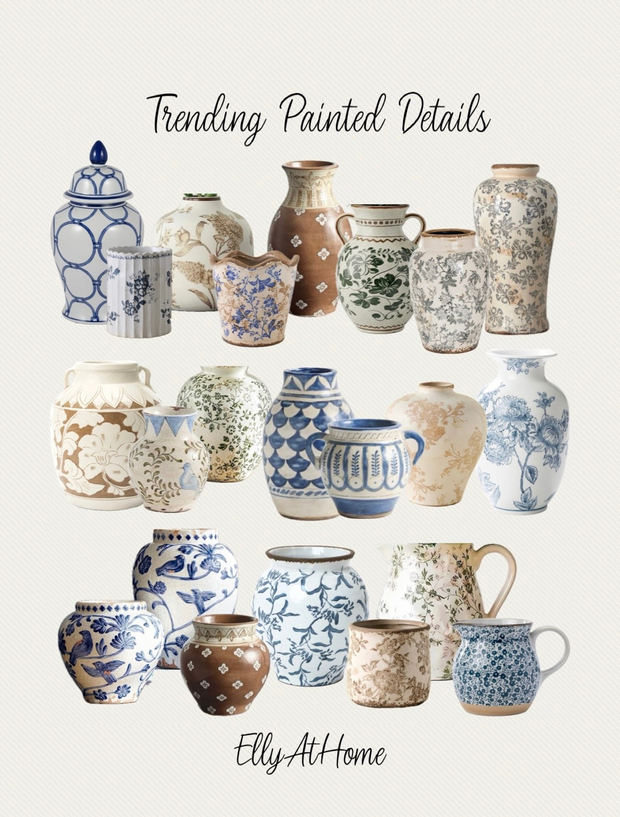 Beautiful hand painted details for a spring home! Blues, neutrals, green, brown colors in a variety of patterns and sizes. Vases, planters, temple jars. Amazon home, Pottery Barn, McGee & Co, Magnolia home, Walmart, Wayfair, Williams Sonoma. 

#LTKSaleAlert #LTKHome #LTKdayinmylife