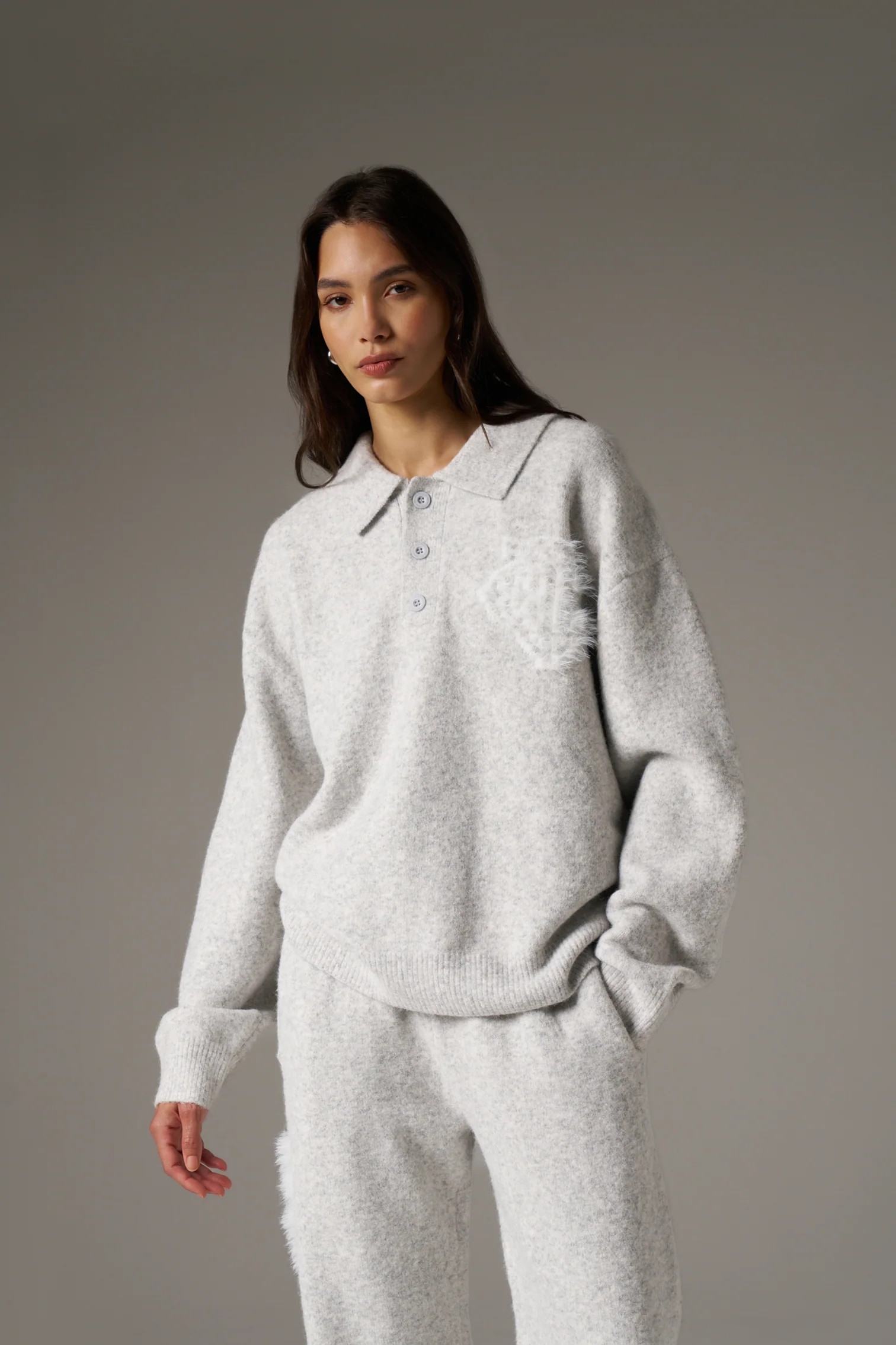 MONOGRAM FLUFFY KNIT POLO - GREY MARL | The Couture Club