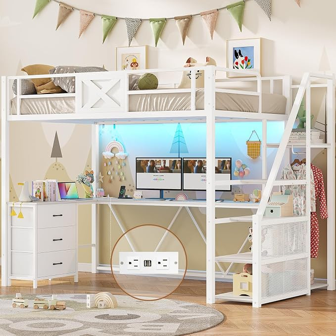 Itaar Stairway Twin Size Loft Bed with L Shaped Desk and Wardrobe, Metal Loft Bed Frame with Stor... | Amazon (US)
