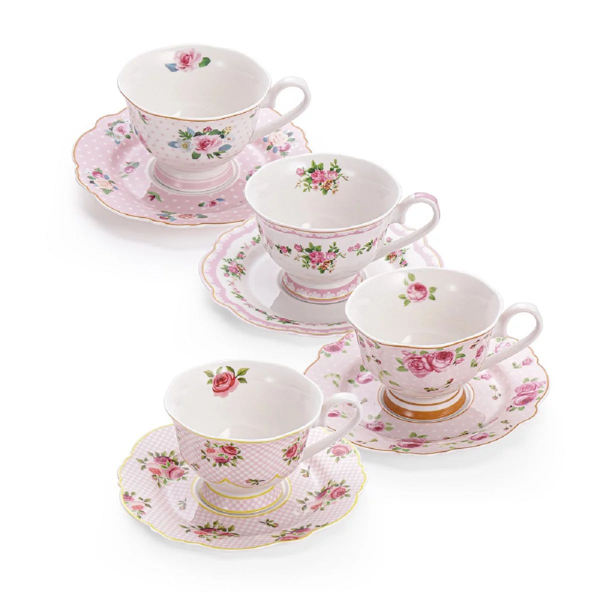 PULCHRITUDIE Fine Porcelain Pink Floral Teacup and Saucer Set, Set of Four - Walmart.com | Walmart (US)