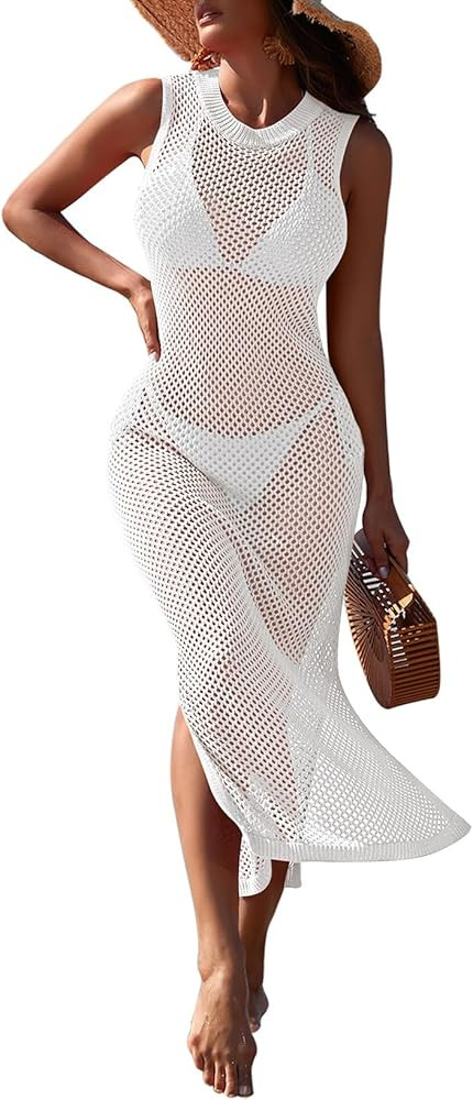 Pink Queen Women Swimsuit Cover Up Hollow Out Sleeveless Beach Maxi Dress Side Split Knit Bathing... | Amazon (US)