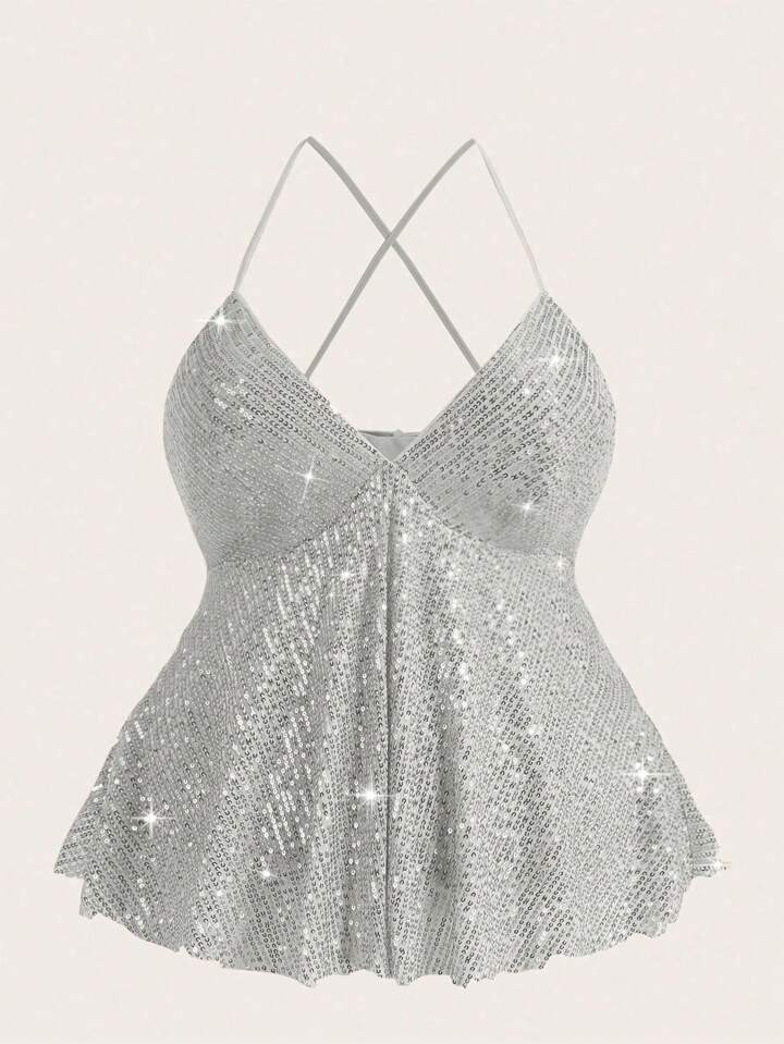 SHEIN ICON Sequined Plus Size Cross Back Camisole Top | SHEIN