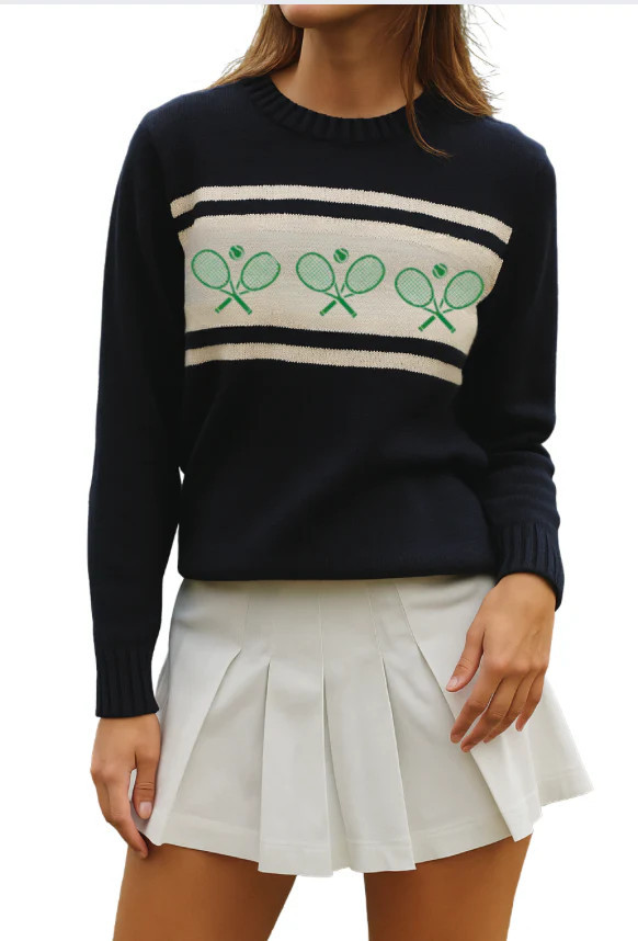 Women's Embroidered Navy Tennis Sweater with Green Trim | Runway Athletics | Runway Athletics