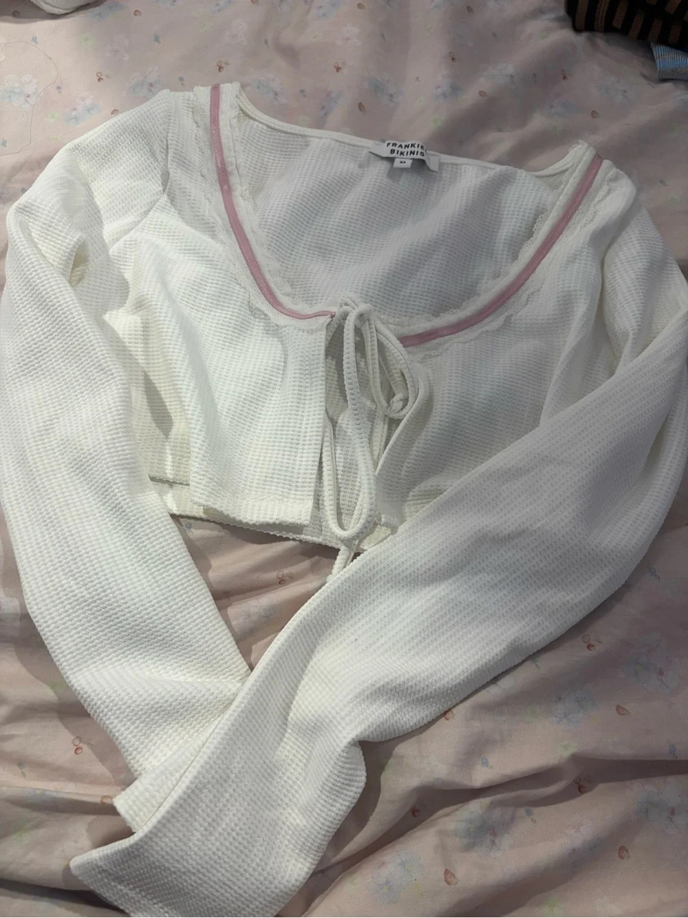 Frankie's Bikinis White Waffle Knit Top with Pink Trim | Poshmark