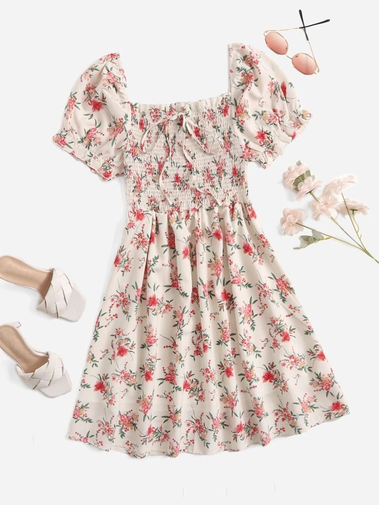 Plus Floral Print Frilled Knot Front Shirred Puff Sleeve Chiffon Dress | SHEIN