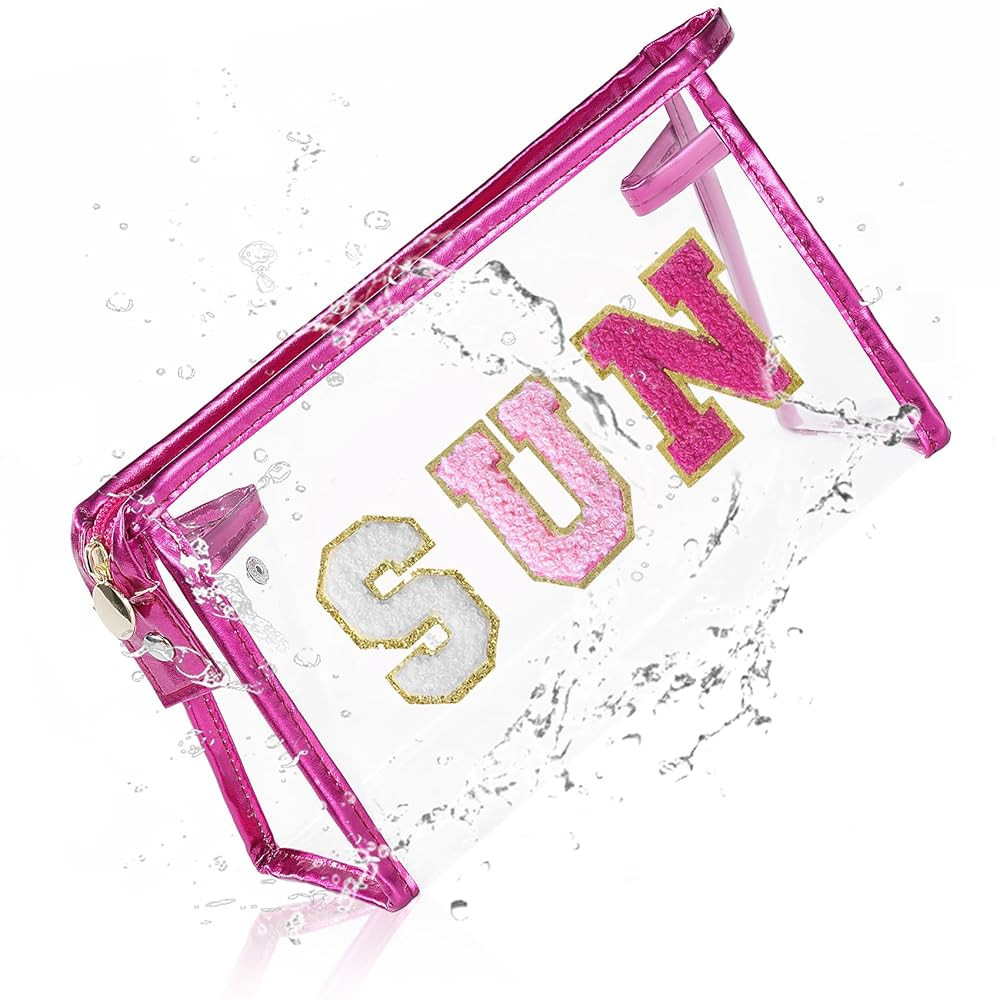 COSHAYSOO Clear Makeup Bag Sunscreen Pouch with Letter Patches Summer Beach Essential Stuff Acces... | Amazon (US)