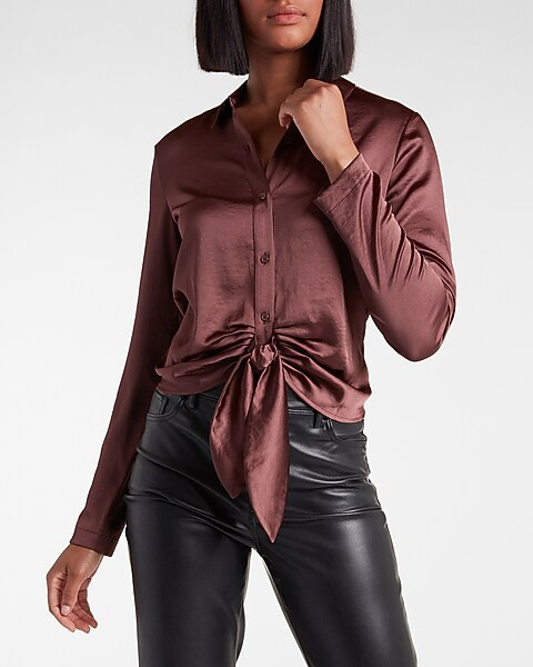 Satin Tie Front Portofino Shirt | Express