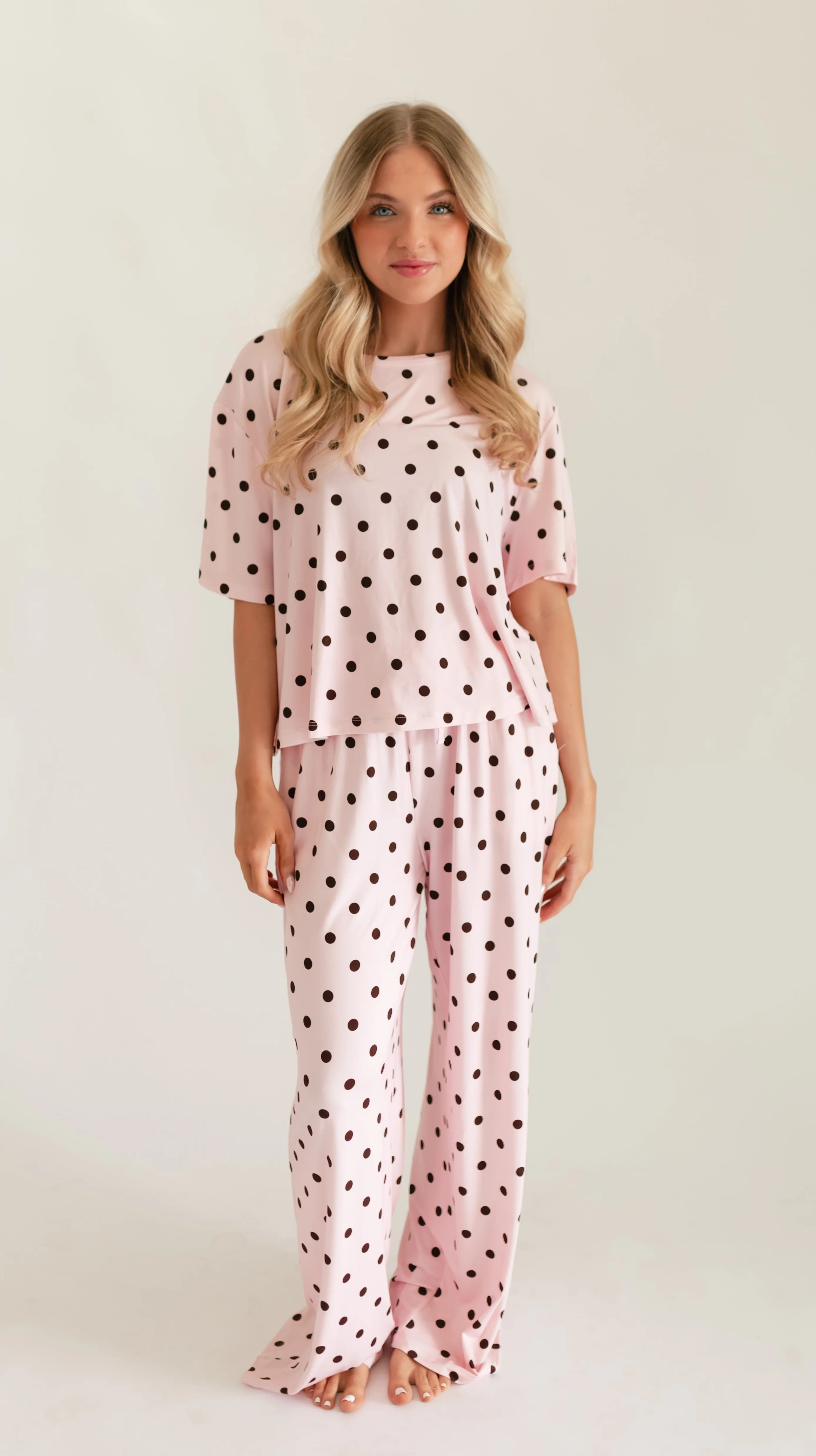 Women's T-Shirt and Pants Set in Pink & Brown Polka Dot | Silks Design